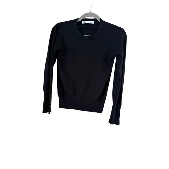 Women's Zara Black Gold Button Crew Neck Sweater M - Picture 2 of 8